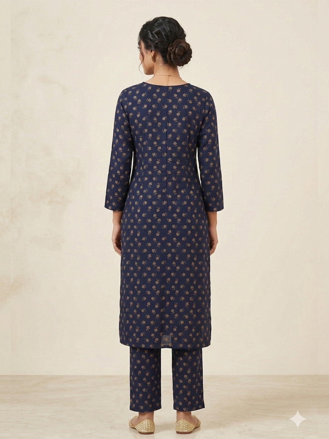 Blue Block Print Rayon Co-Ord Set | Straight Kurti with Notched Neck & Straight Pants
