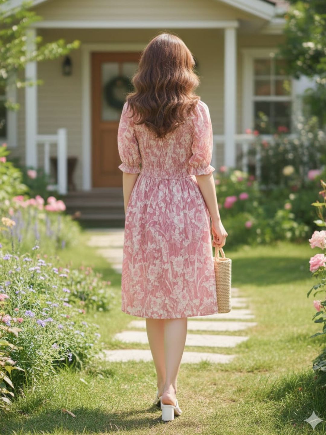 Women’s Dusty Pink Floral Fit & Flare Dress | Viscose Rayon Smocked Bodice Knee-Length Dress