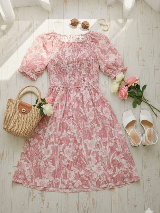 Women’s Dusty Pink Floral Fit & Flare Dress | Viscose Rayon Smocked Bodice Knee-Length Dress