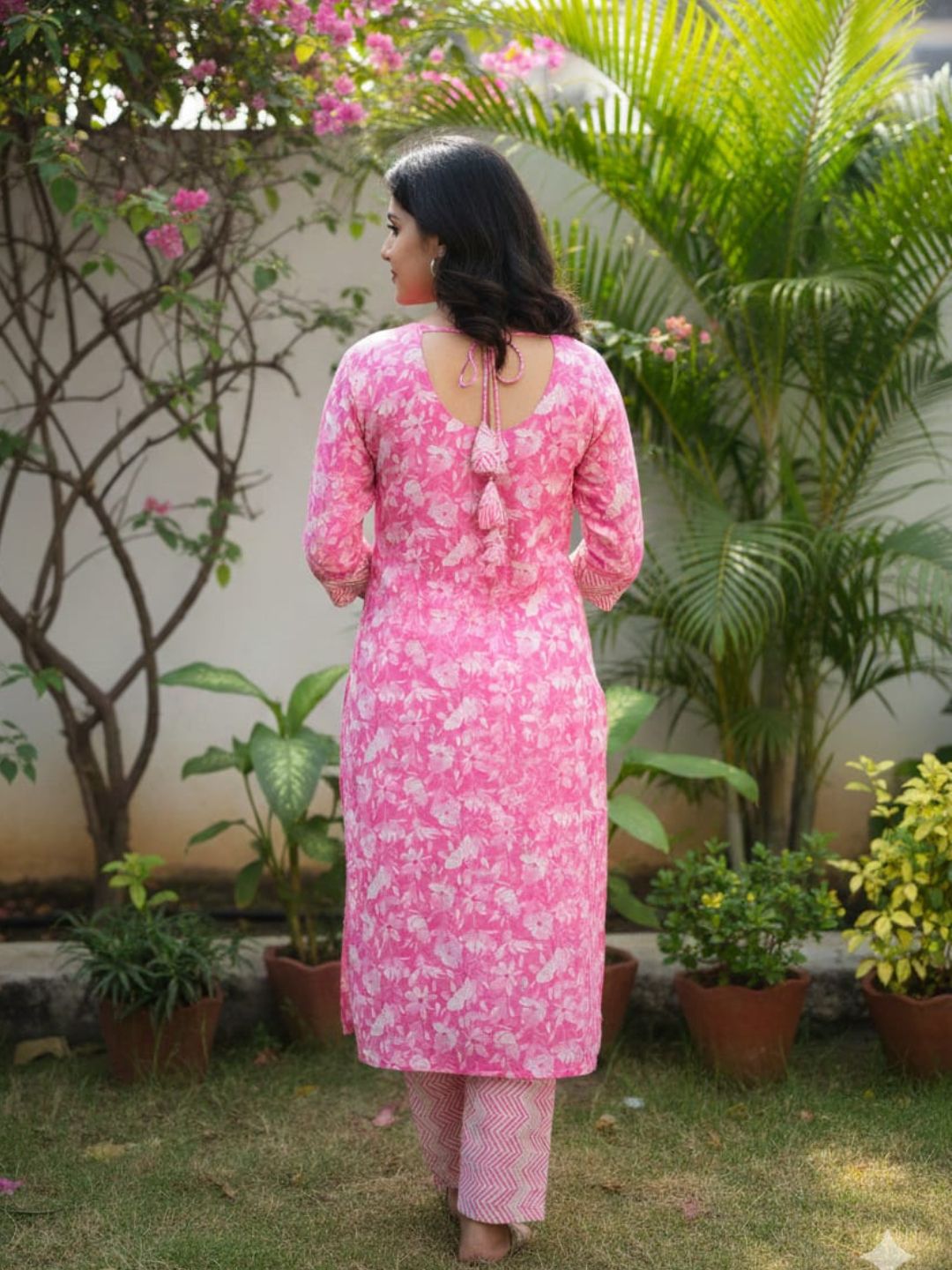 Pink Floral Printed Cotton Kurti Set | Straight Fit Long Kurti with Geometric Print Pants