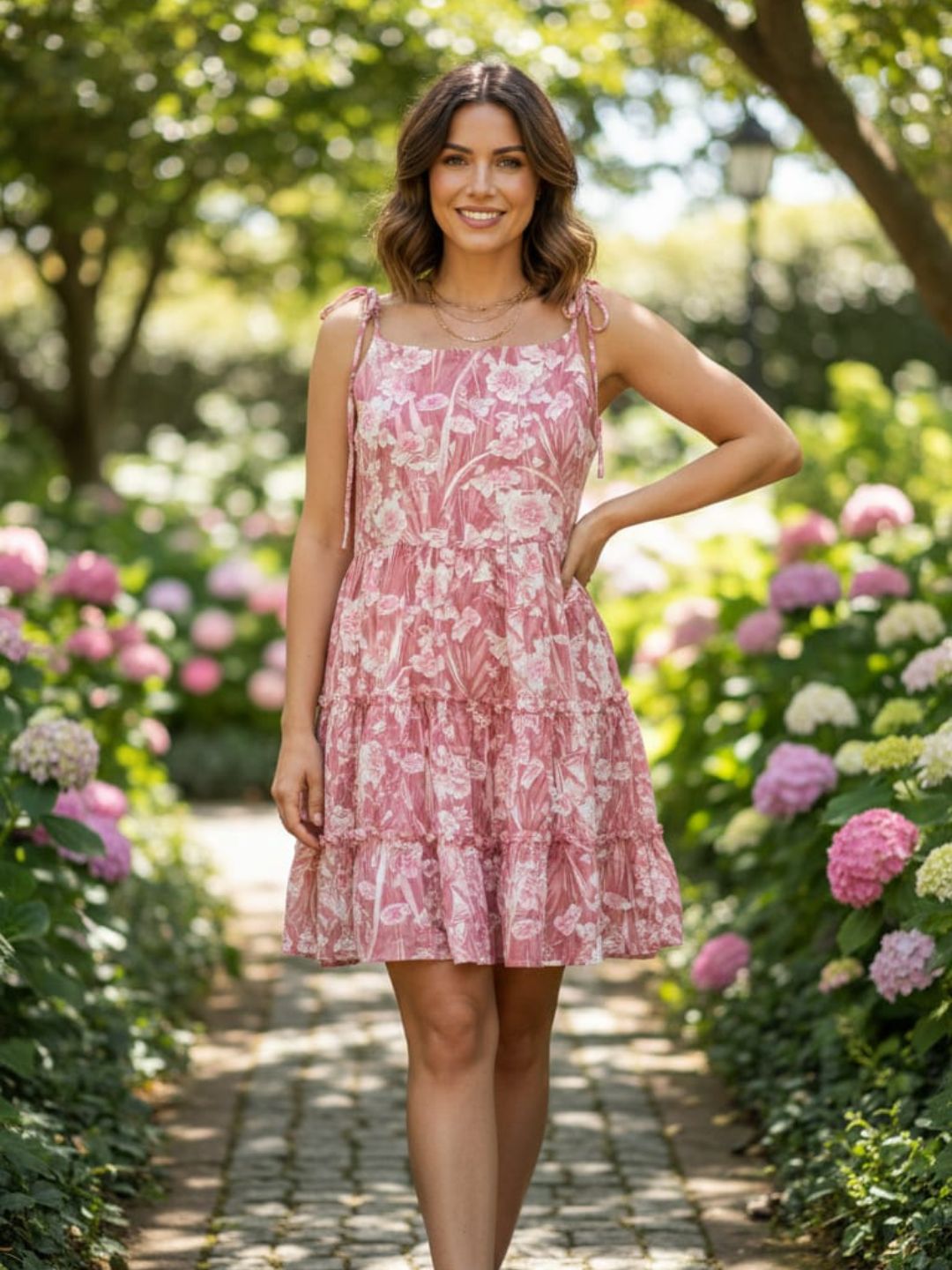 Dusty Pink Floral Rayon Tiered Dress | Sleeveless Short Dress with Shoulder Tie-Up Straps