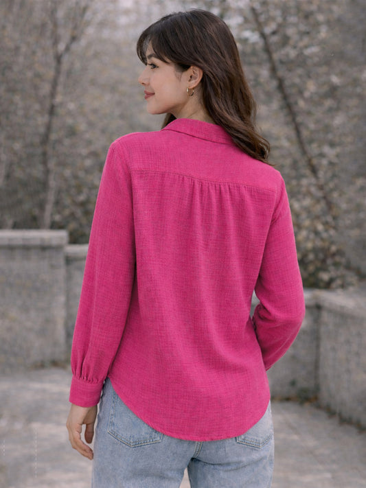 Women’s Crinkle Muslin Shirt | Lightweight Button-Down Casual Solid Pink Shirt with Collar & Full Sleeves