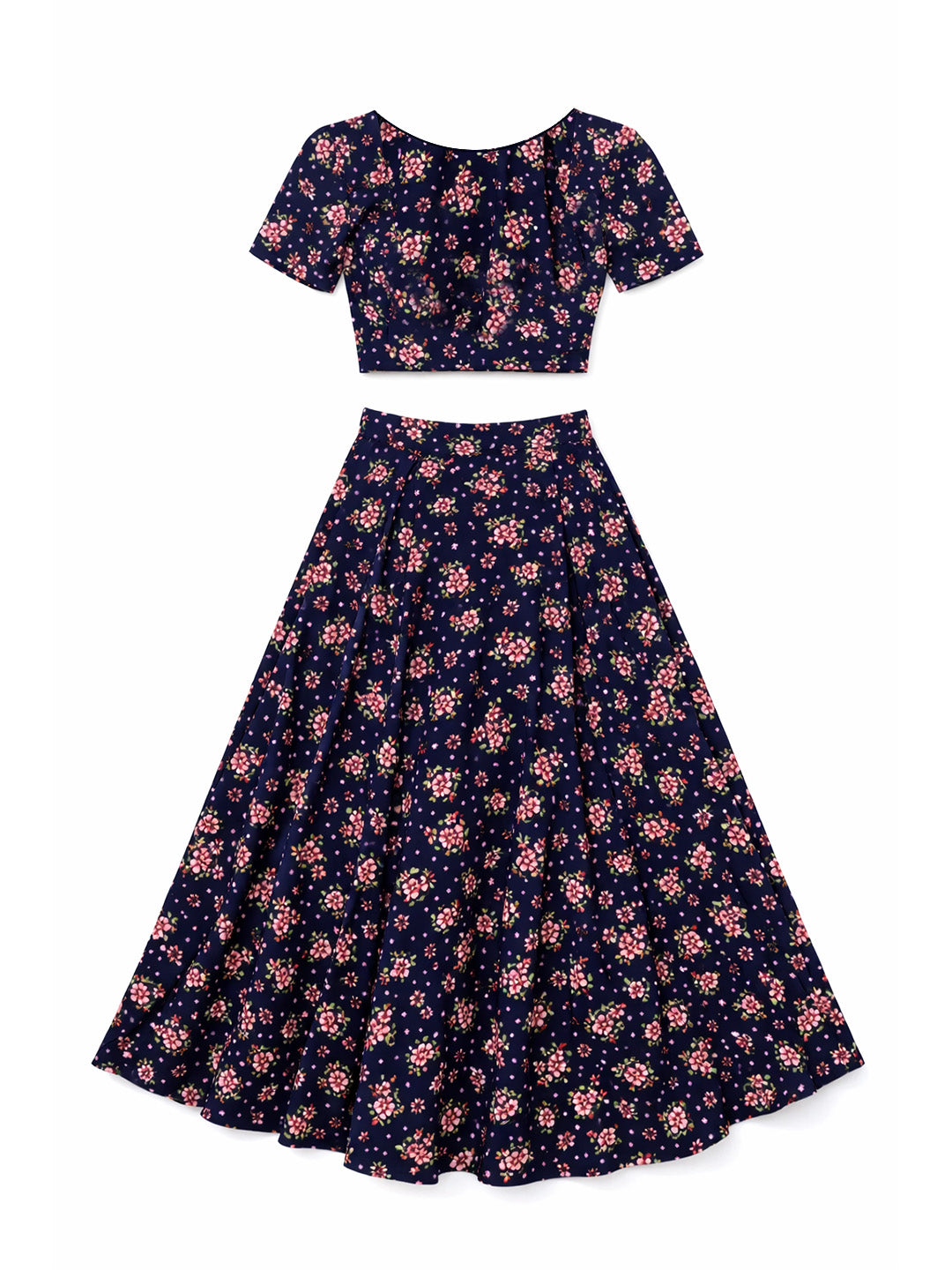 Women’s Navy Floral Print Viscose Rayon Top & Skirt Set | Sweetheart Neck Crop Top with Flared Midi Skirt