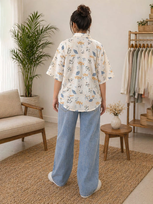 Women’s Crinkle Muslin Printed Shirt | Lightweight Relaxed Fit Casual Shirt with Collar & Short Sleeves