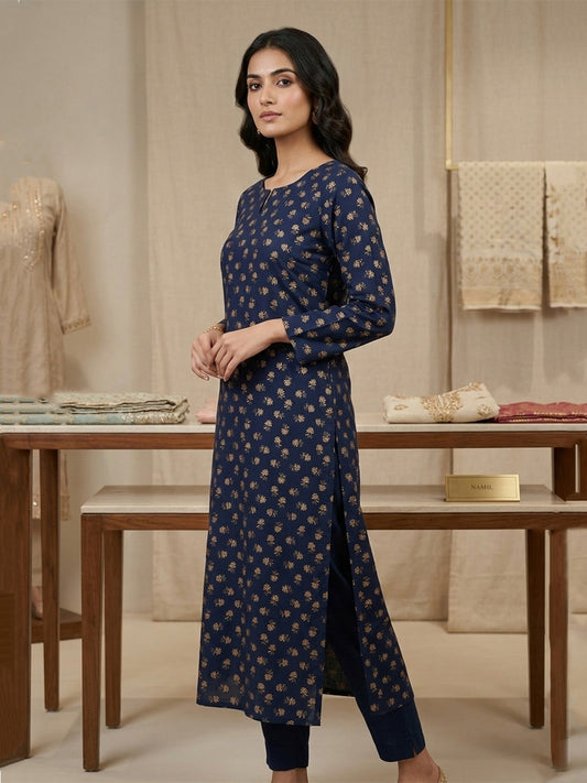 Blue Block Print Rayon Co-Ord Set | Straight Kurti with Notched Neck & Straight Pants