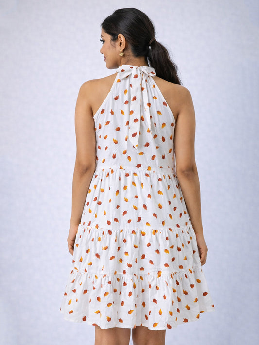 White Leaf Printed Cotton Blend Tiered Dress | Halter Neck Dress with Tie-Up Back