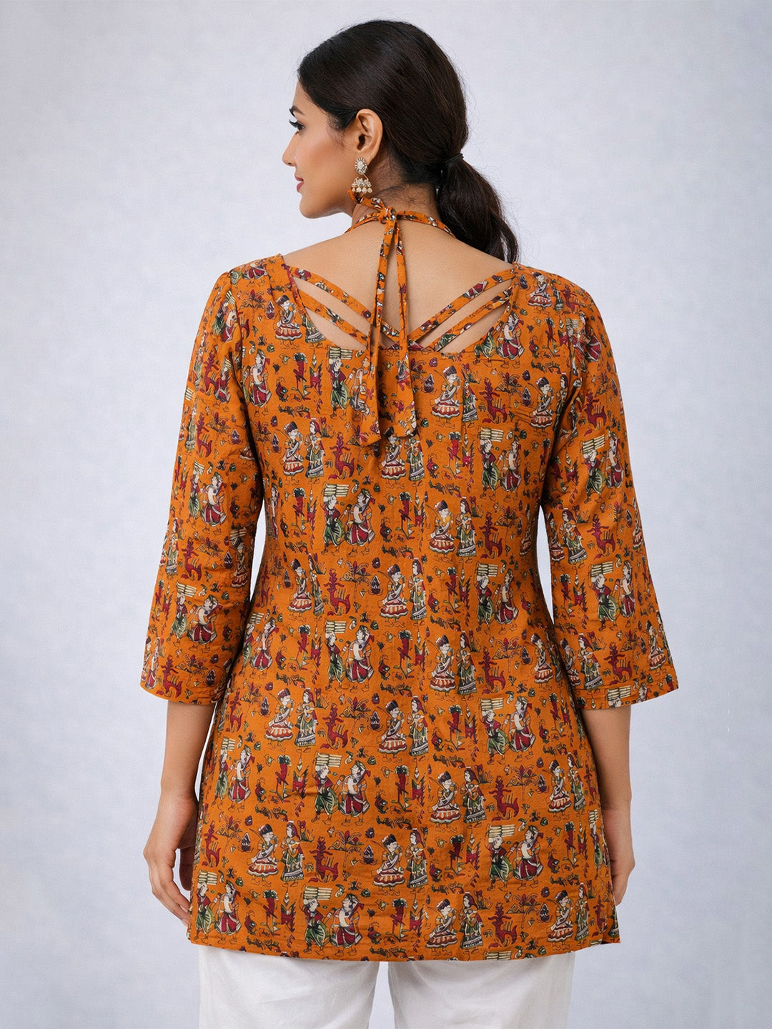Mustard Folk Printed Cotton Short Kurti | Tie-Up V Neck with Mid Sleeves