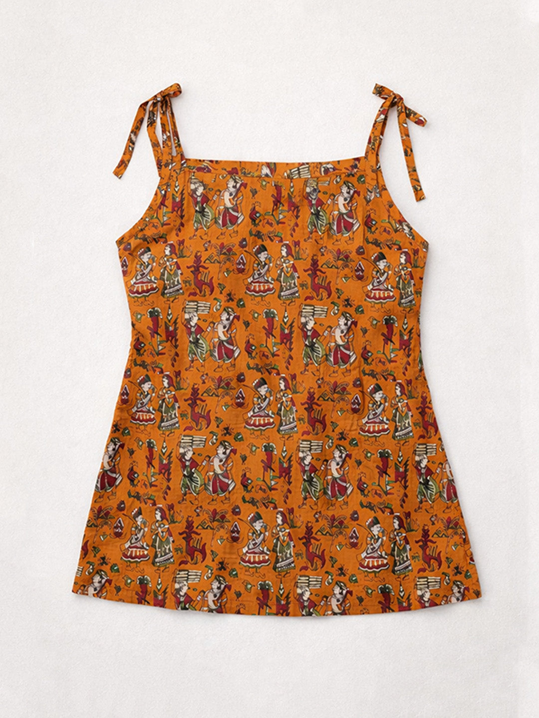 Mustard Ethnic Printed Cotton Short Dress | Sleeveless Dress with Tie-Up Shoulder Straps