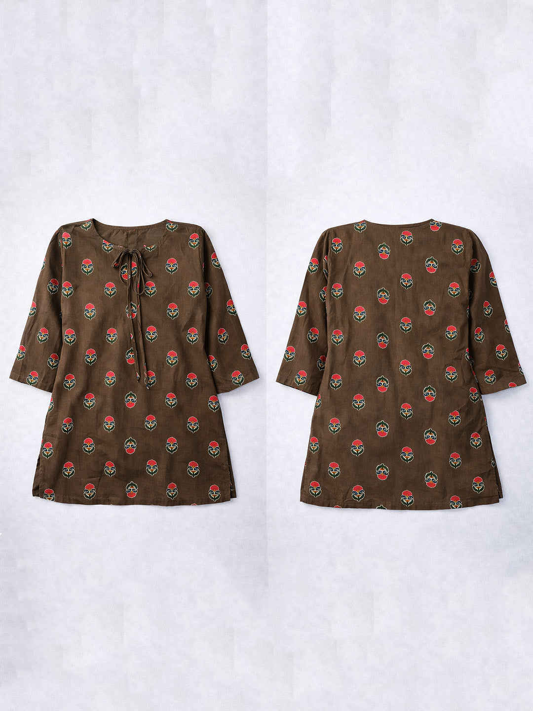 Green Block Printed Cotton Short Kurti | Straight Fit Kurti with Tie-Up Neck & Mid Sleeves