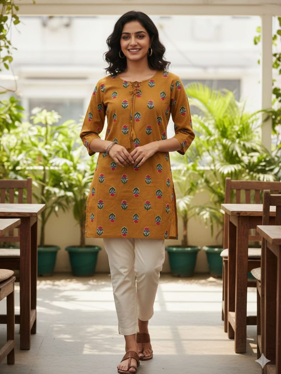 Mustard Yellow Block Print Cotton Short Kurti for Women | Tie-Up Neck Casual & Office Wear