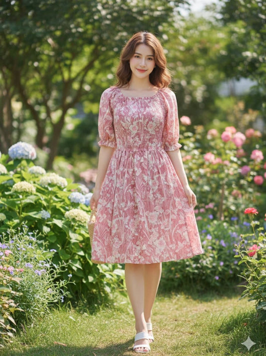 Women’s Dusty Pink Floral Fit & Flare Dress | Viscose Rayon Smocked Bodice Knee-Length Dress