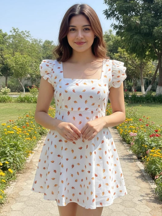 Women’s White Leaf Print Fit & Flare Cotton Dress | Square Neck Pleated Above-Knee Dress with Flutter Sleeves