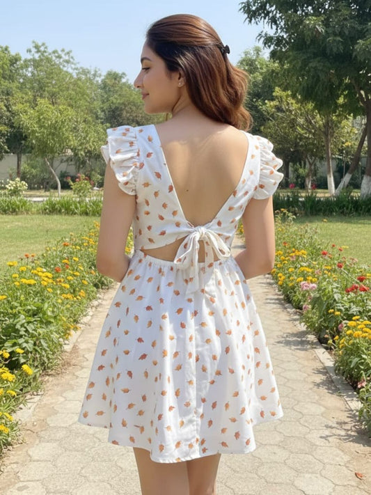 Women’s White Leaf Print Fit & Flare Cotton Dress | Square Neck Pleated Above-Knee Dress with Flutter Sleeves