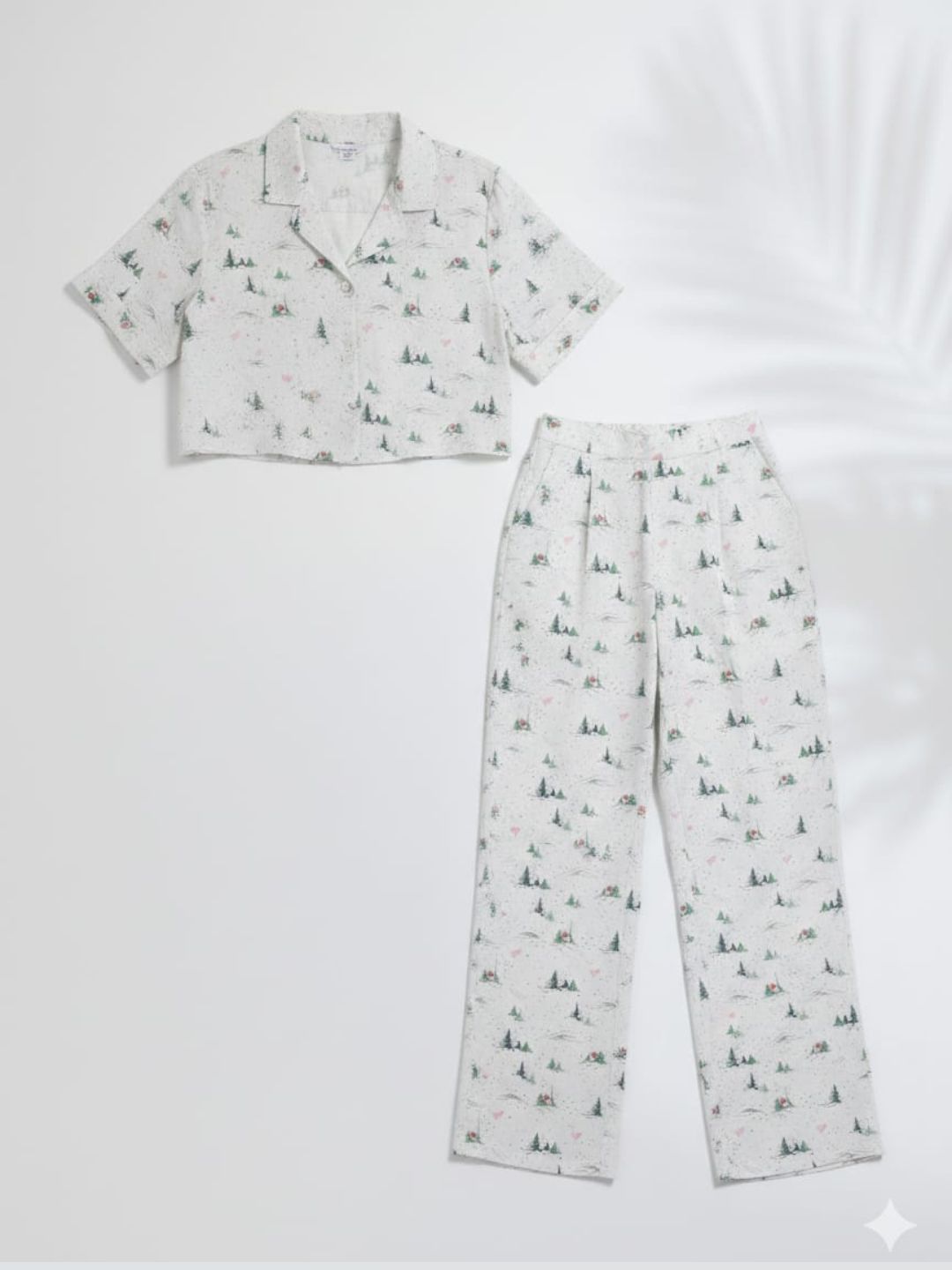 Women’s Pure Cotton White AOP Co-Ord Set | Cuban Collar Longline Shirt with Straight Fit Trousers