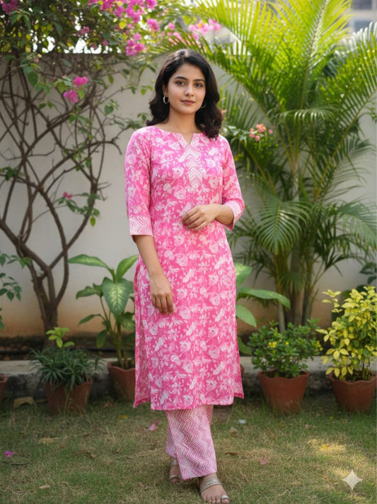 Pink Floral Printed Cotton Kurti Set | Straight Fit Long Kurti with Geometric Print Pants