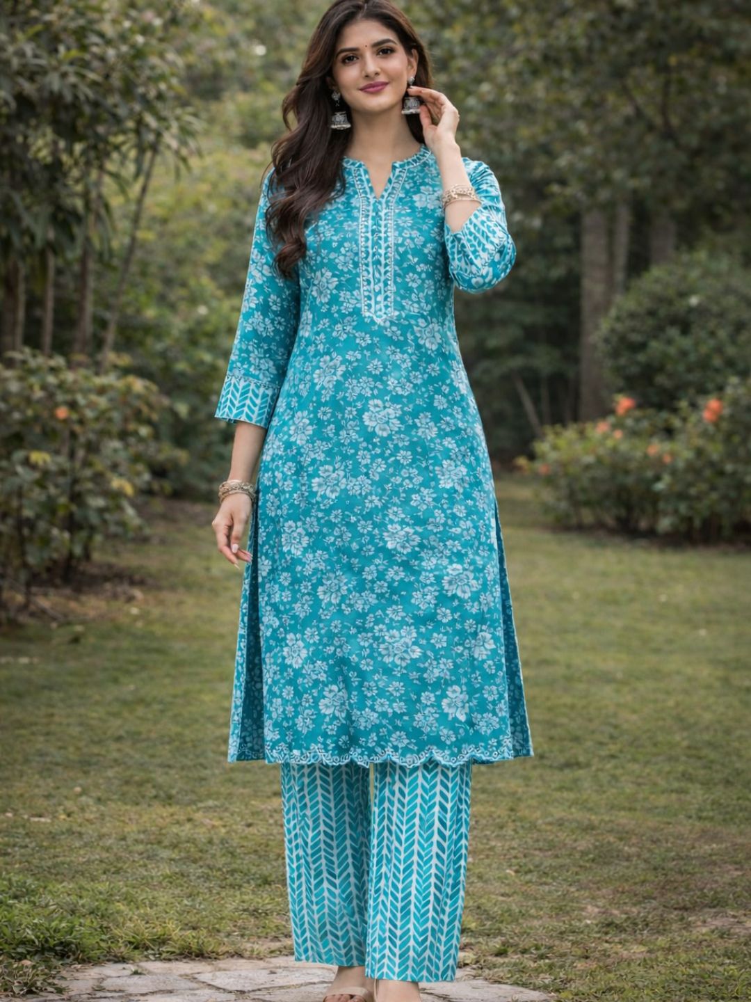 Blue Floral Printed Cotton Kurti Set | Straight Fit Long Kurti with Geometric Print Pants