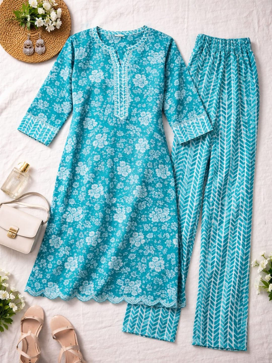 Blue Floral Printed Cotton Kurti Set | Straight Fit Long Kurti with Geometric Print Pants