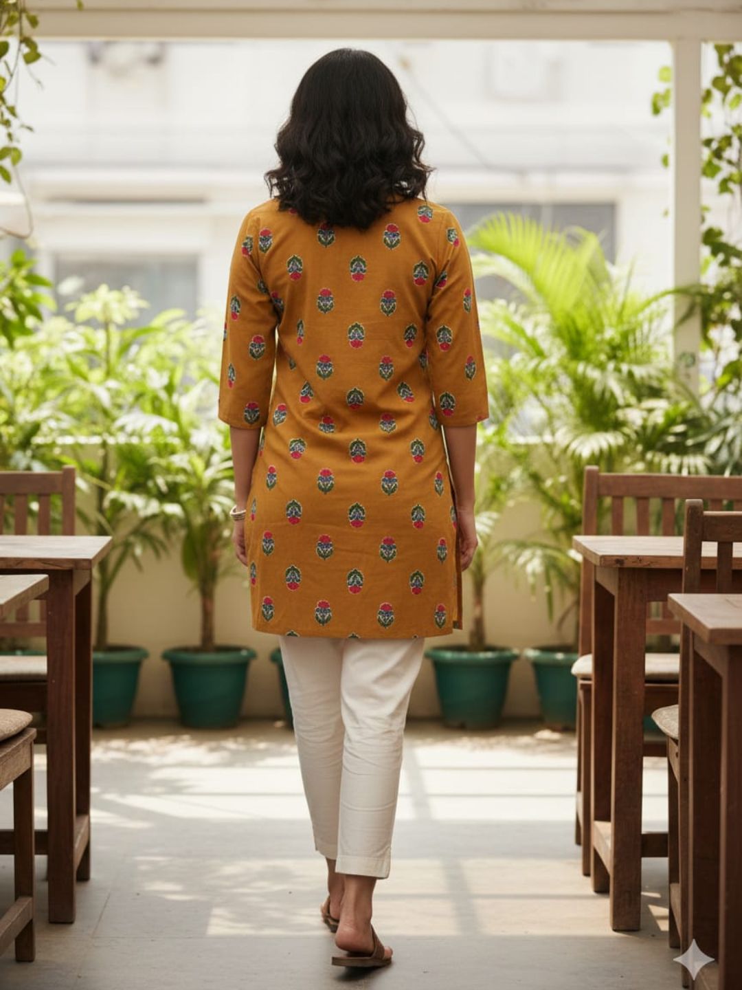 Mustard Yellow Block Print Cotton Short Kurti for Women | Tie-Up Neck Casual & Office Wear