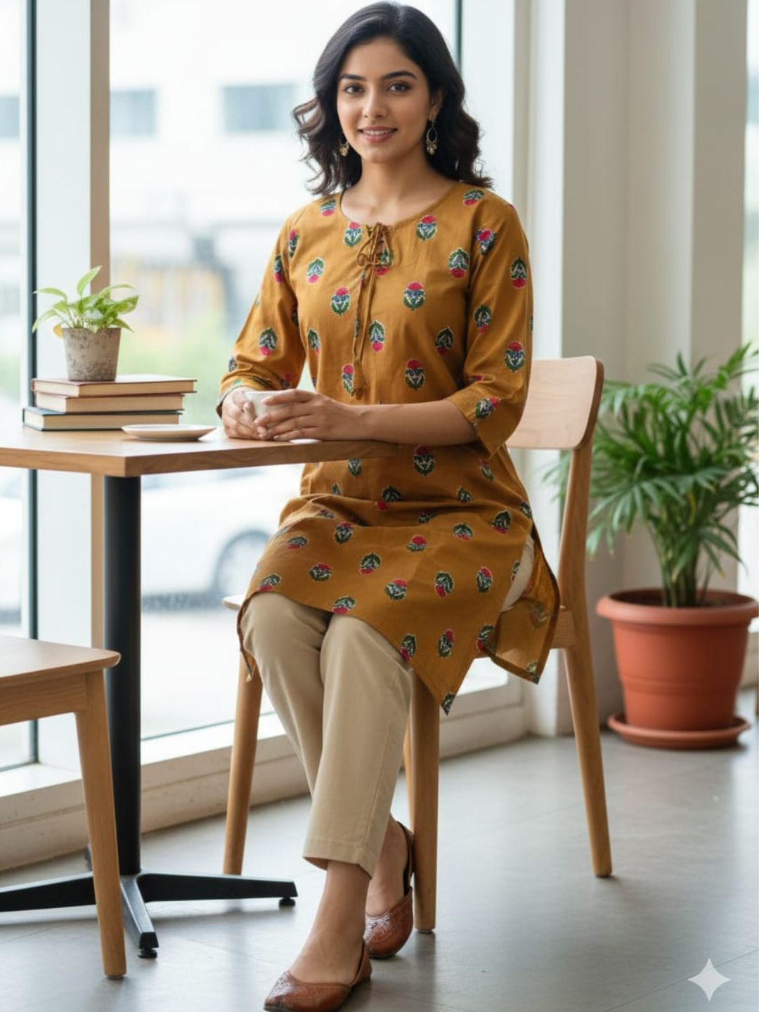 Mustard Yellow Block Print Cotton Short Kurti for Women | Tie-Up Neck Casual & Office Wear