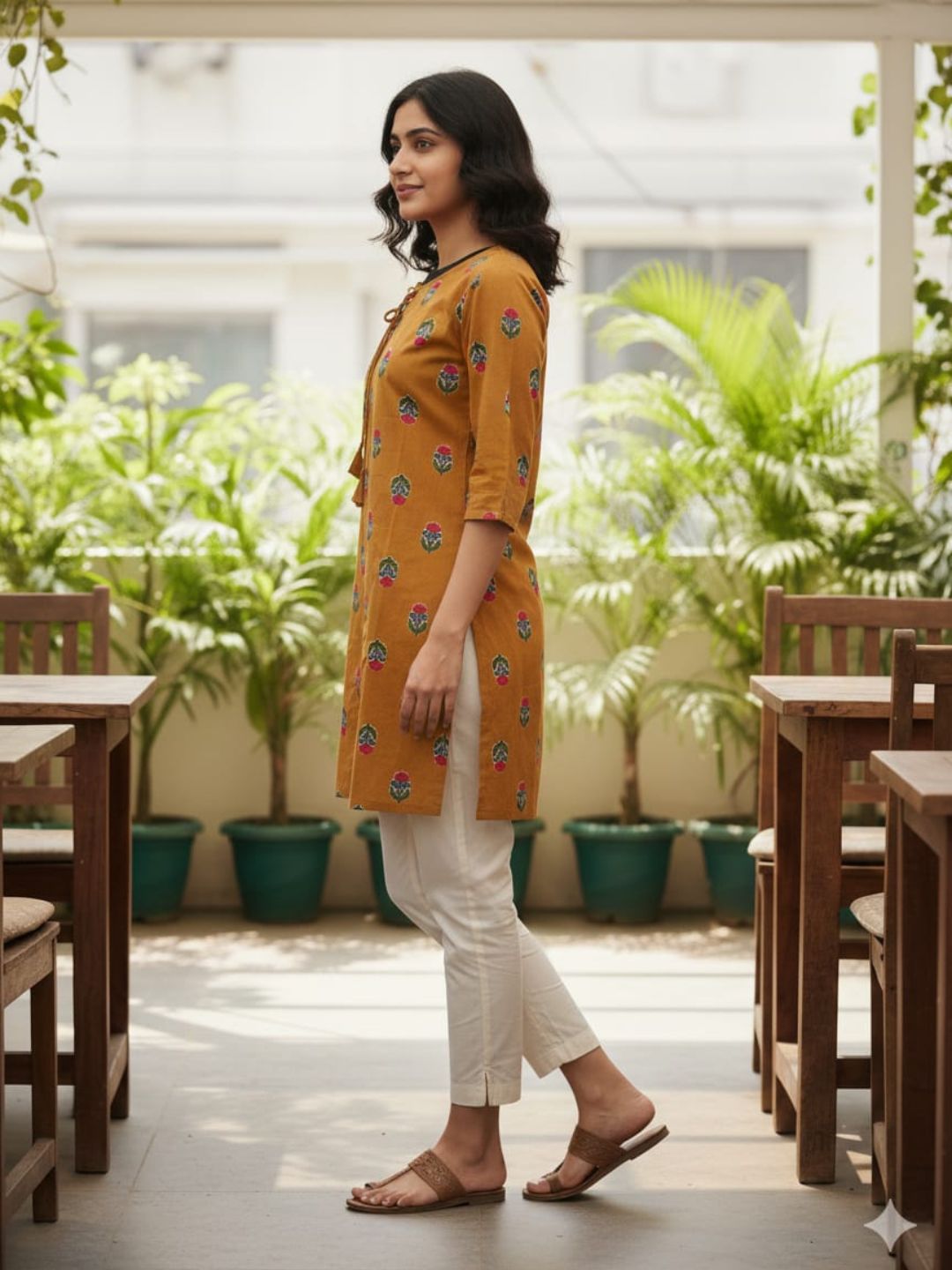 Mustard Yellow Block Print Cotton Short Kurti for Women | Tie-Up Neck Casual & Office Wear