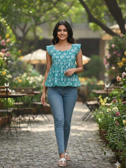 Blue Floral Cotton Fit & Flare Short Kurti for Women | Sweetheart Neck with Frill Sleeve Detail