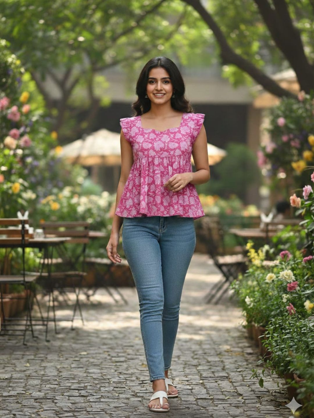 Pink Floral Cotton Fit & Flare Short Kurti for Women | Sweetheart Neck with Frill Sleeve Detail