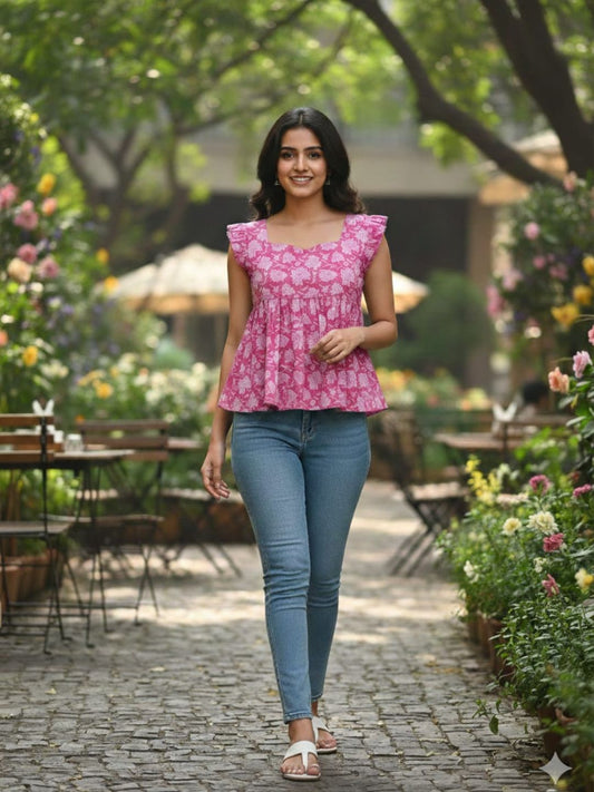 Pink Floral Cotton Fit & Flare Short Kurti for Women | Sweetheart Neck with Frill Sleeve Detail