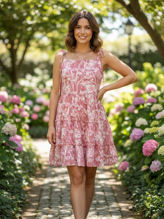 Dusty Pink Floral Rayon Tiered Dress | Sleeveless Short Dress with Shoulder Tie-Up Straps