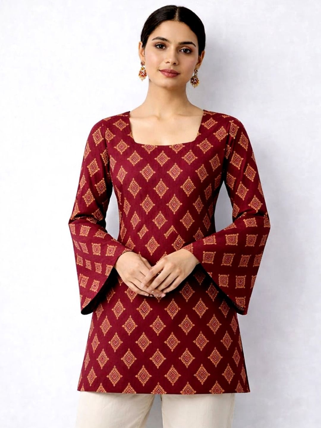 Maroon Block Print Cotton Short Kurti | Square Neck with Bell Sleeves