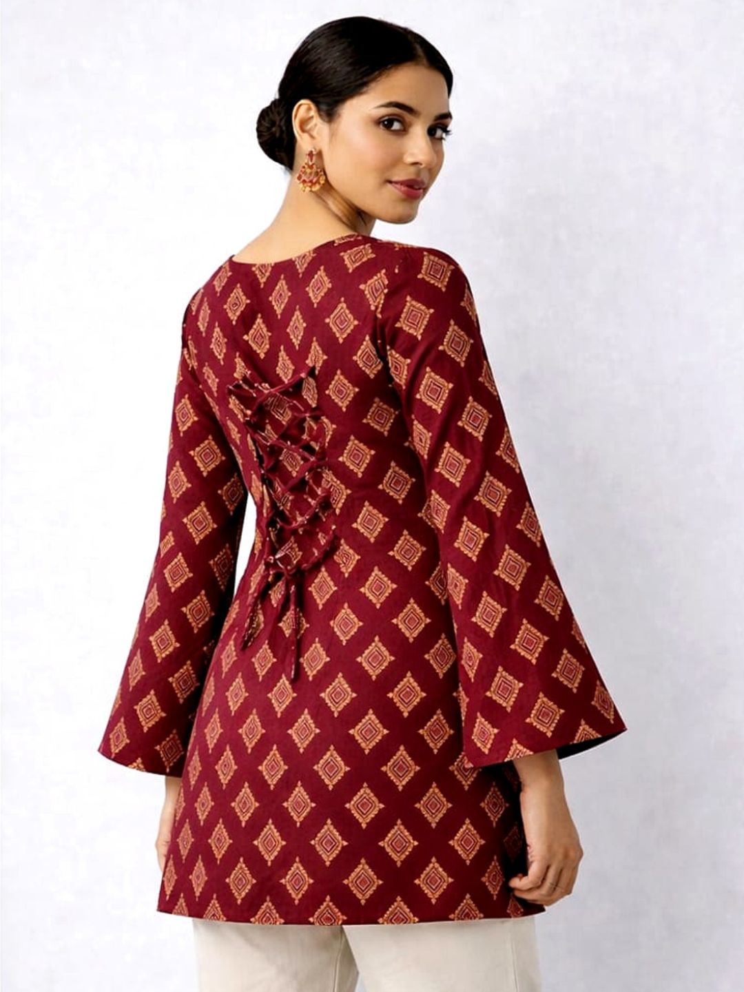 Maroon Block Print Cotton Short Kurti | Square Neck with Bell Sleeves