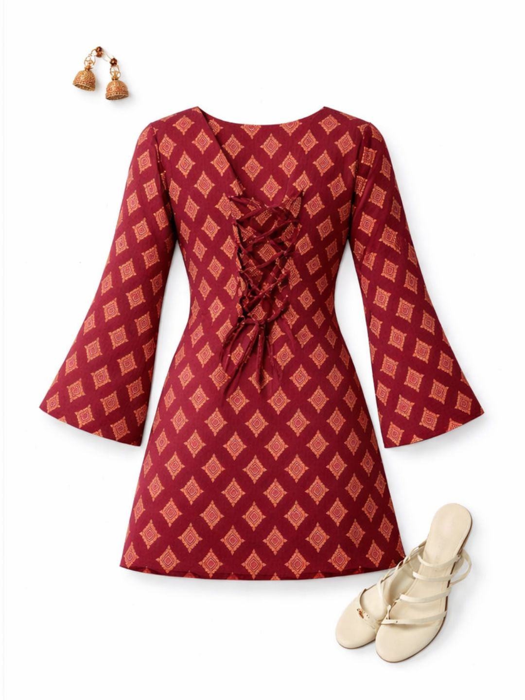 Maroon Block Print Cotton Short Kurti | Square Neck with Bell Sleeves