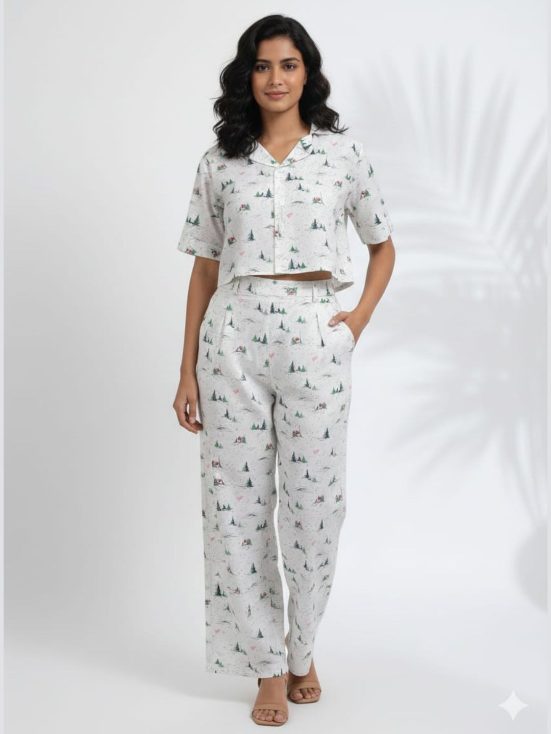 Women’s Pure Cotton White AOP Co-Ord Set | Cuban Collar Longline Shirt with Straight Fit Trousers