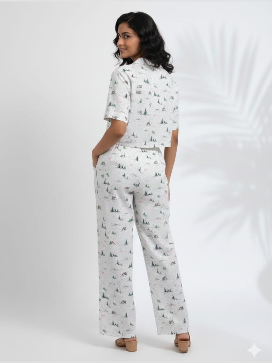 Women’s Pure Cotton White AOP Co-Ord Set | Cuban Collar Longline Shirt with Straight Fit Trousers