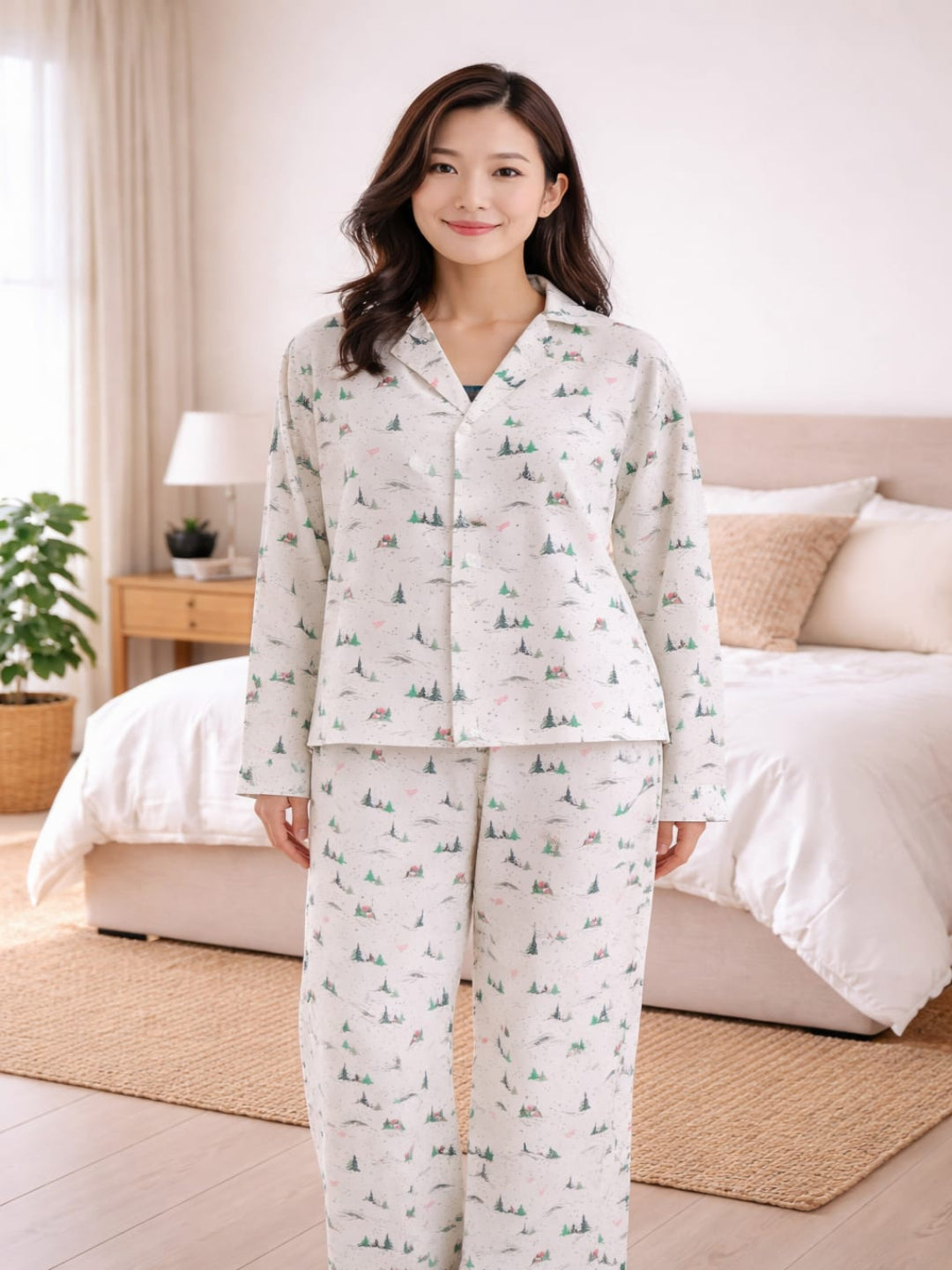 Women’s Pure Cotton White Printed Co-Ord Set | Cuban Collar Shirt with Straight Fit Trousers