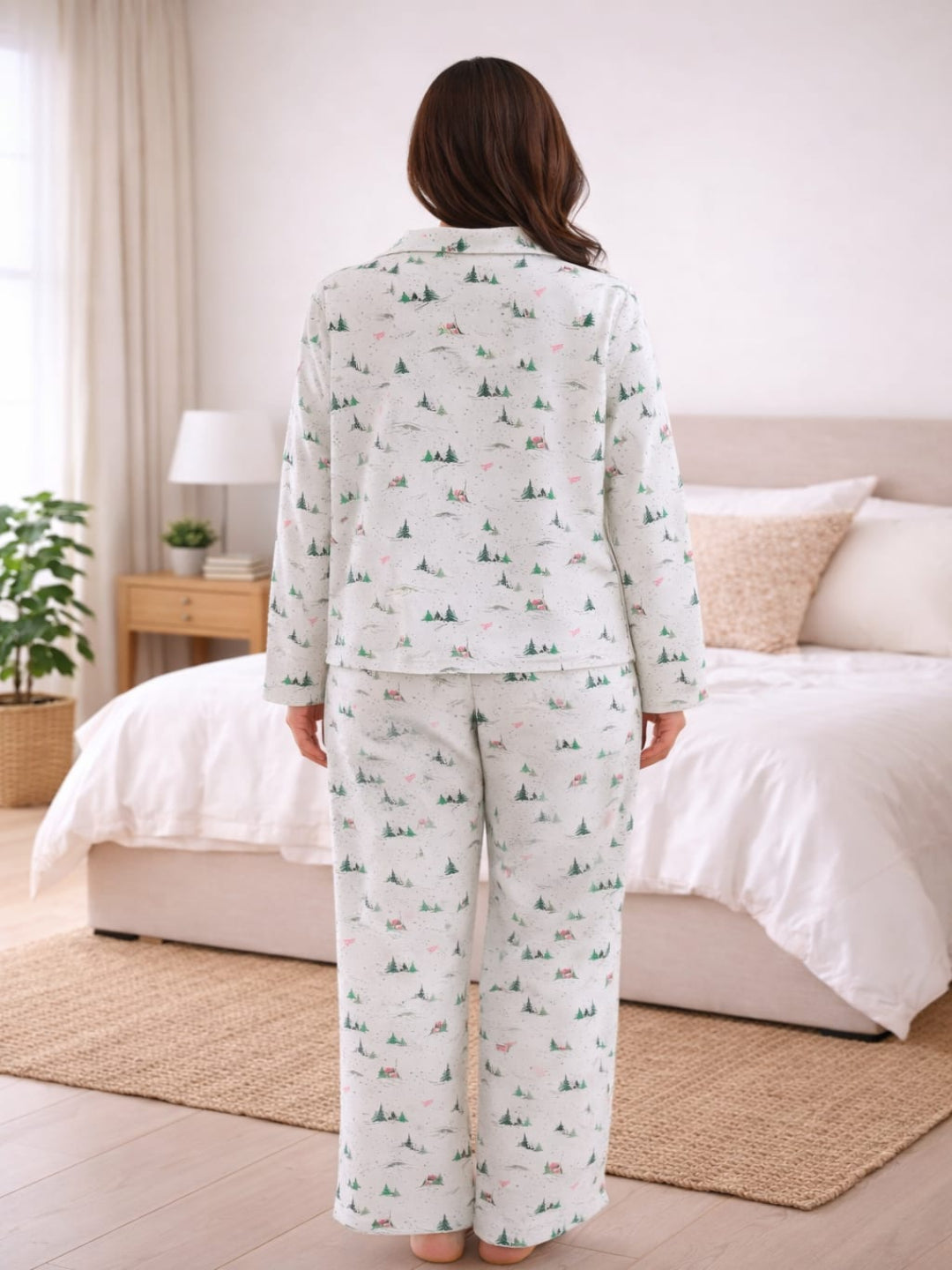 Women’s Pure Cotton White Printed Co-Ord Set | Cuban Collar Shirt with Straight Fit Trousers