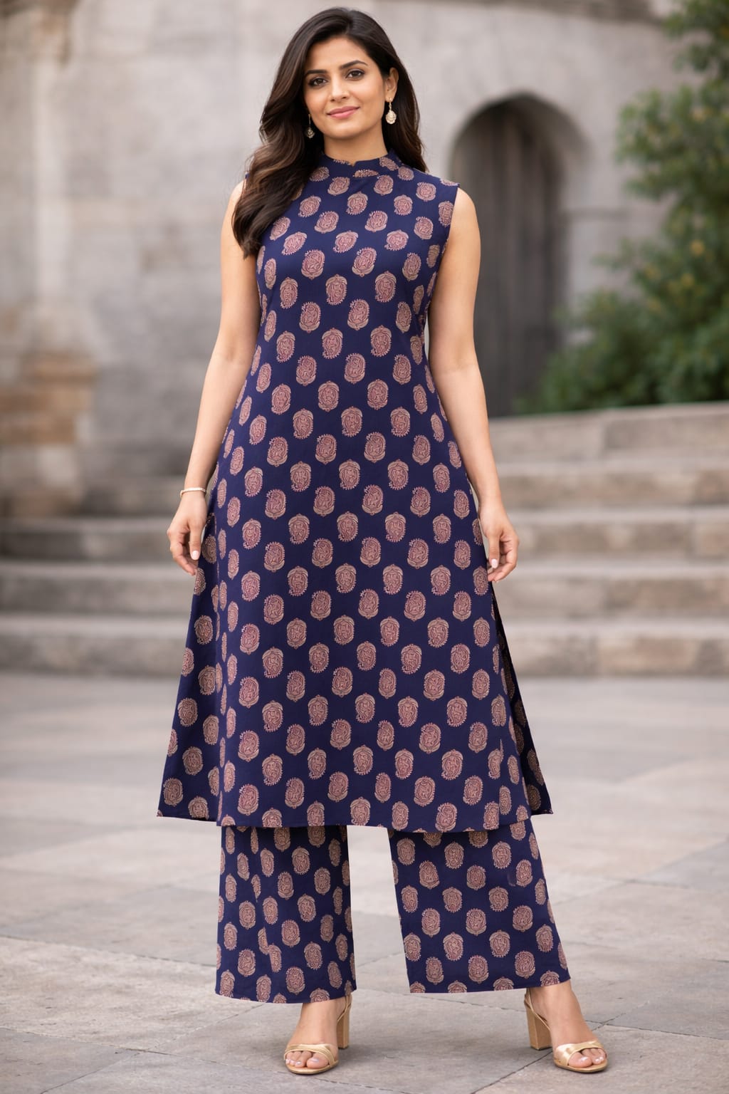 Blue Paisley Printed Cotton Co-Ord Set | Halter Neck Kurti with Straight Pants