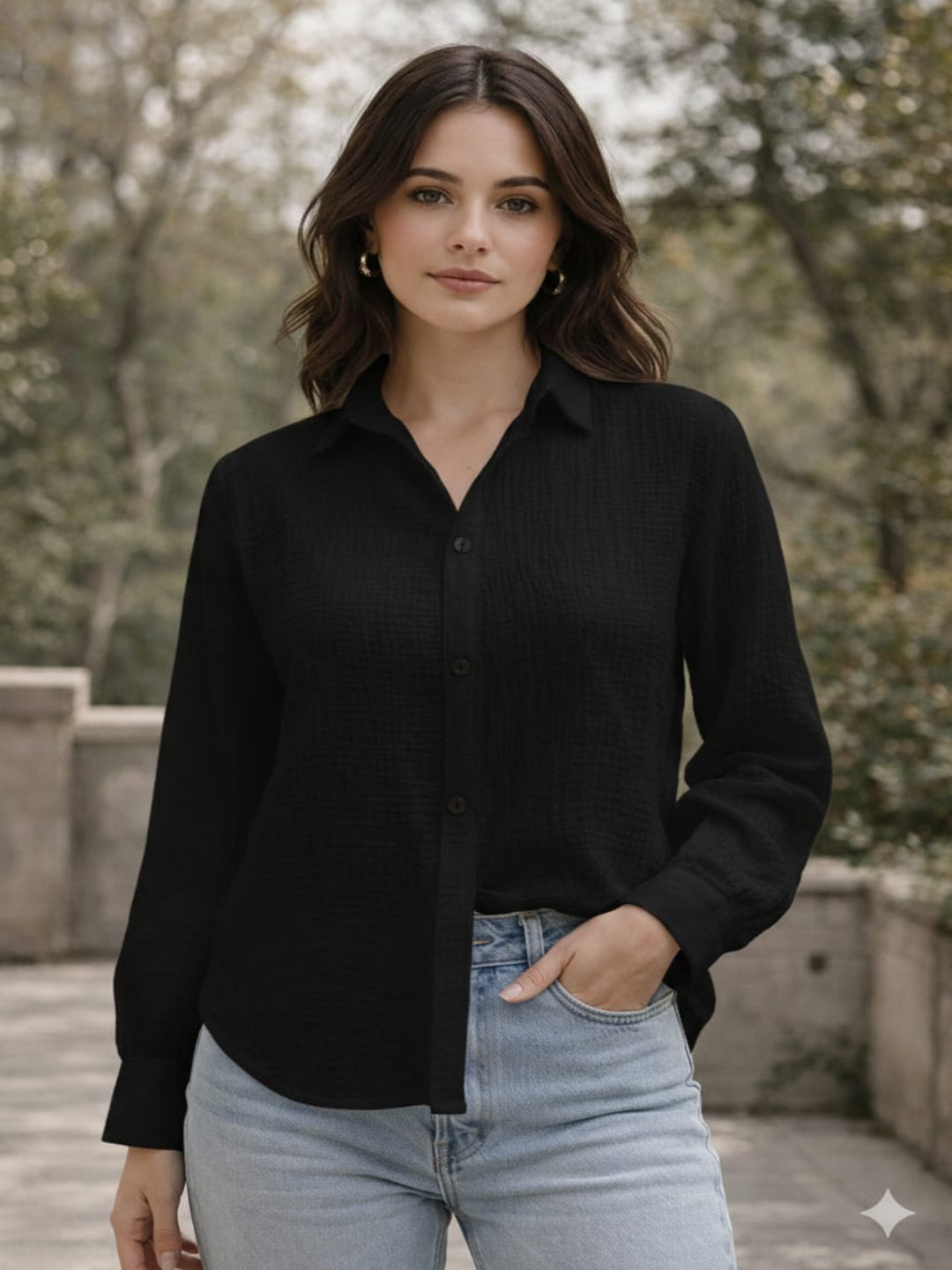 Women’s Crinkle Muslin Shirt | Lightweight Button-Down Casual Black Shirt with Collar & Full Sleeves