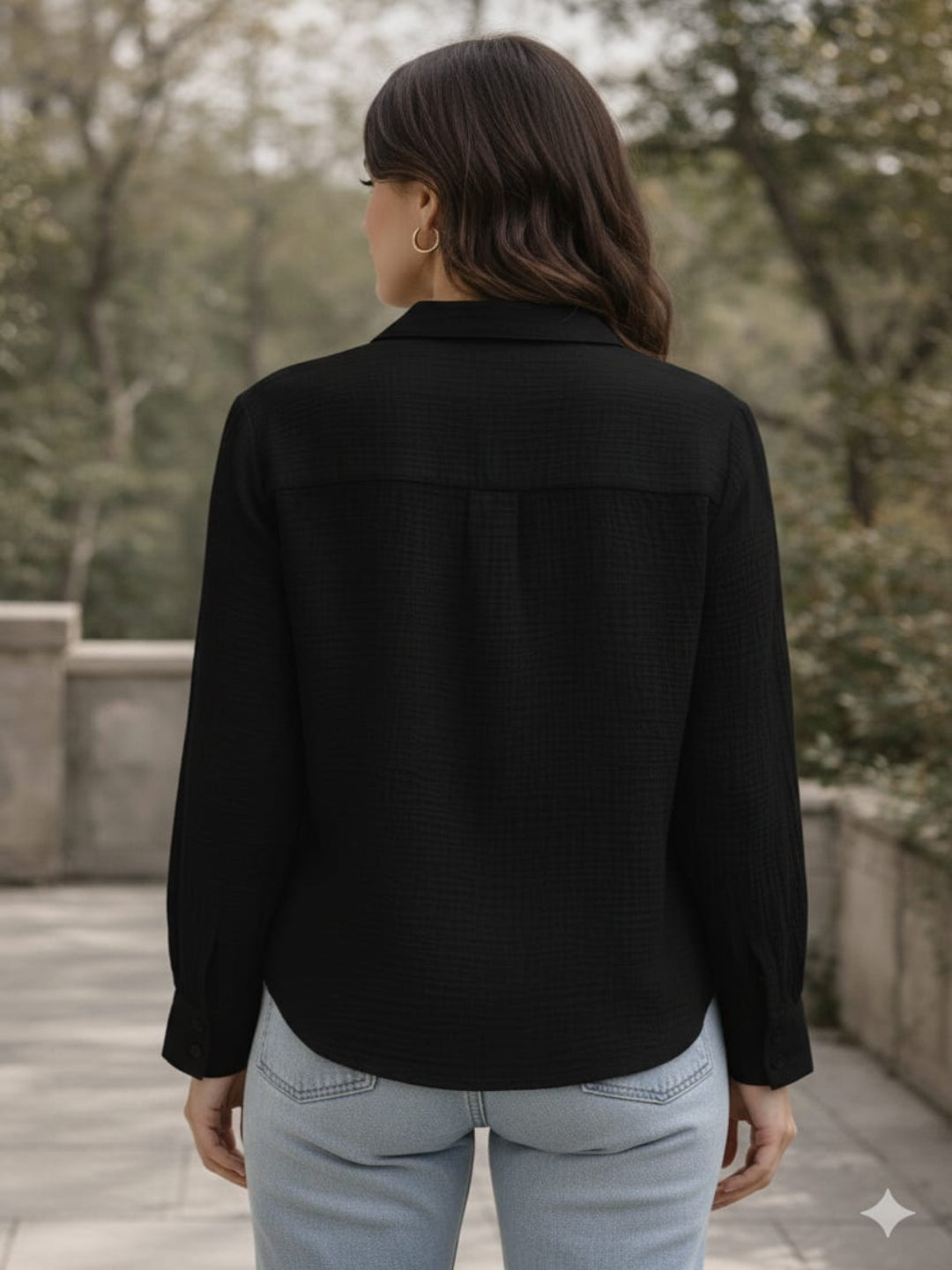 Women’s Crinkle Muslin Shirt | Lightweight Button-Down Casual Black Shirt with Collar & Full Sleeves