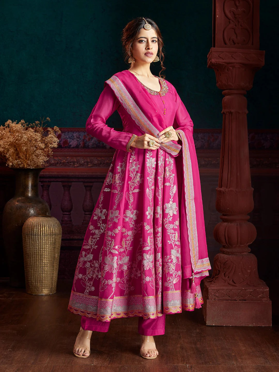 Pink Jacquard Anarkali Set