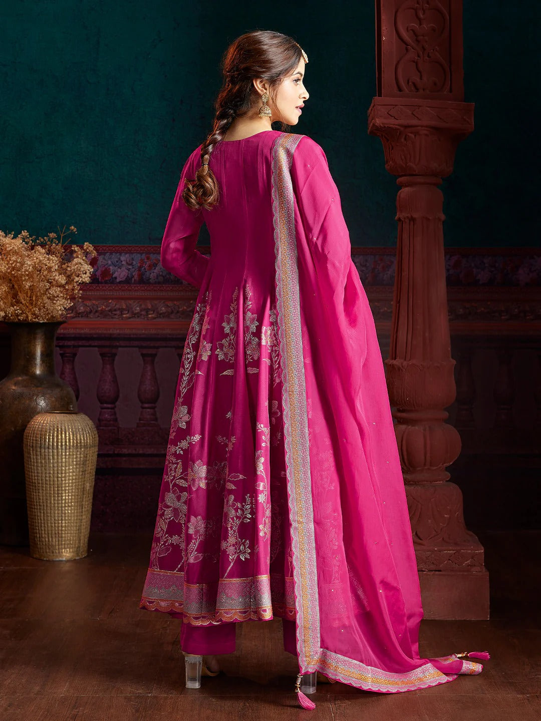 Pink Jacquard Anarkali Set