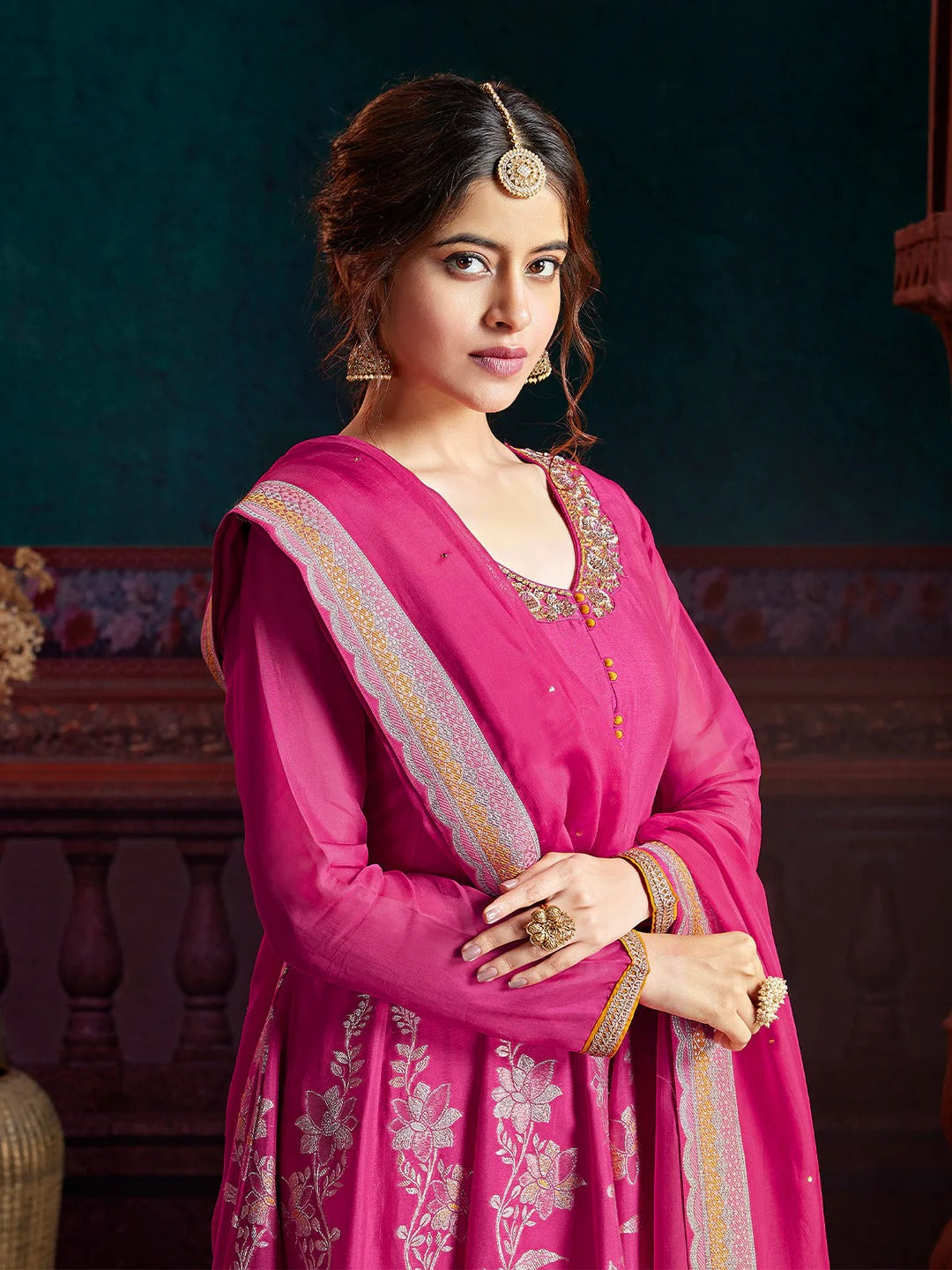 Pink Jacquard Anarkali Set
