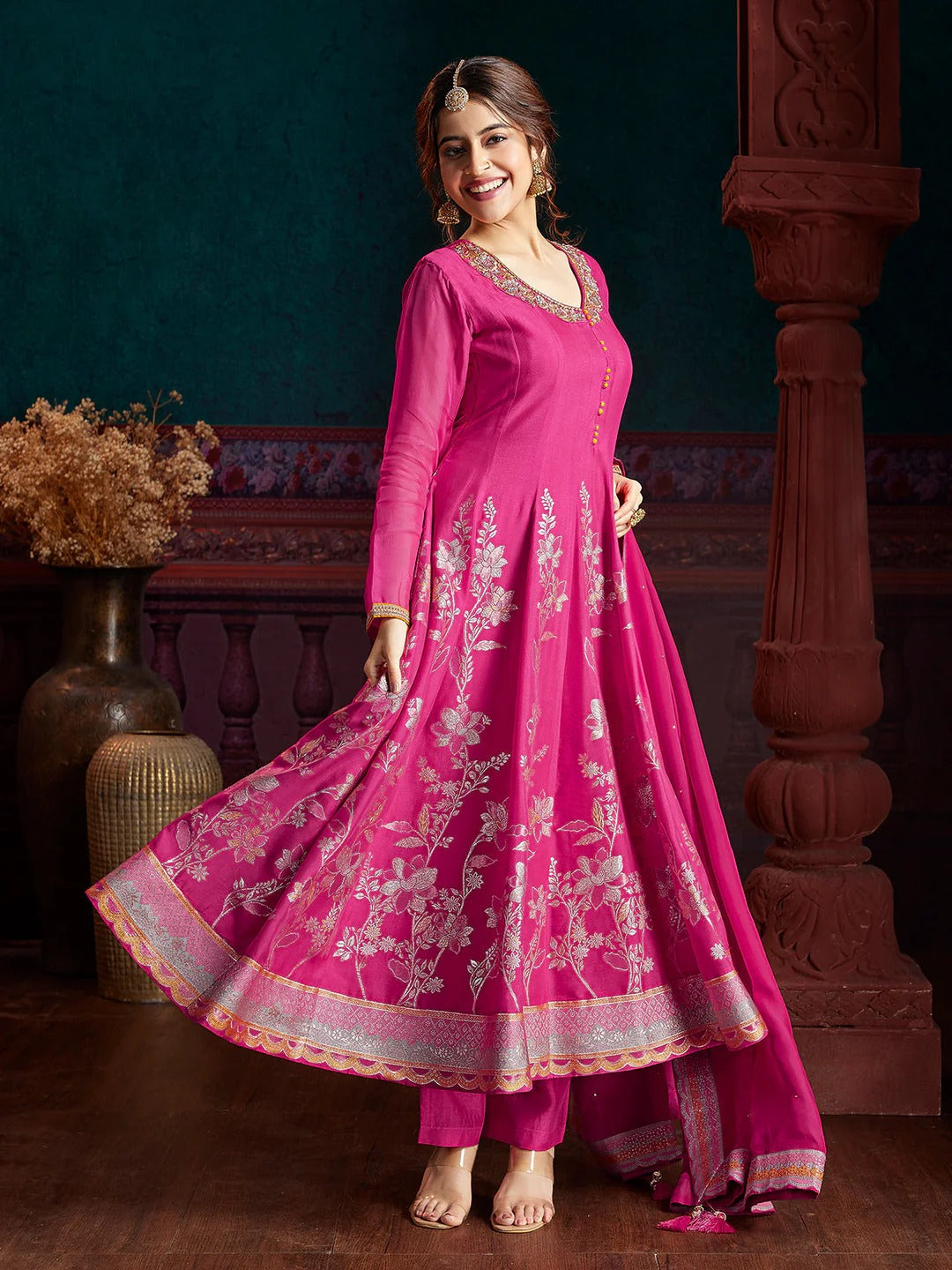 Pink Jacquard Anarkali Set