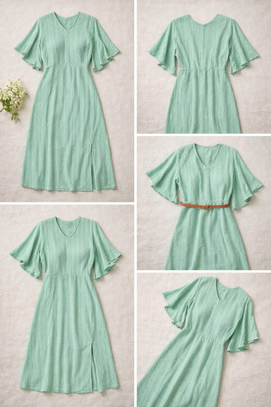 Women’s Mint Green Textured Lycra Blend Midi Dress | V-Neck Flutter Sleeve Dress with Front Slit