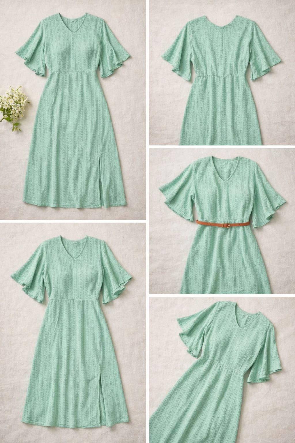 Women’s Mint Green Textured Lycra Blend Midi Dress | V-Neck Flutter Sleeve Dress with Front Slit