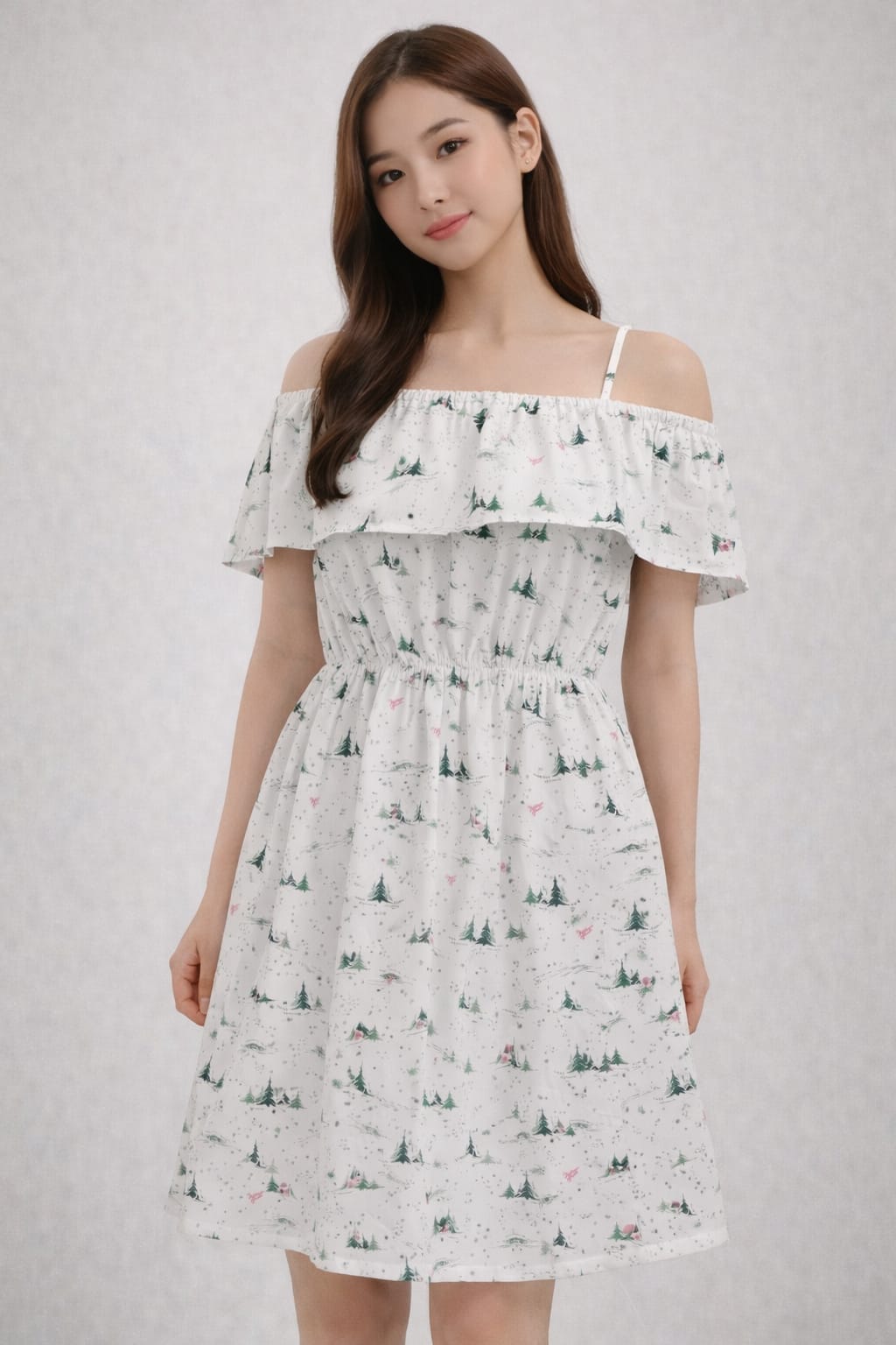 Women’s White Printed Pure Cotton Off-Shoulder Dress | Cold Shoulder Fit & Flare Dress with Shoulder Straps