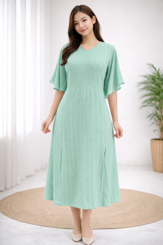 Women’s Mint Green Textured Lycra Blend Midi Dress | V-Neck Flutter Sleeve Dress with Front Slit