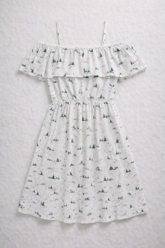 Women’s White Printed Pure Cotton Off-Shoulder Dress | Cold Shoulder Fit & Flare Dress with Shoulder Straps