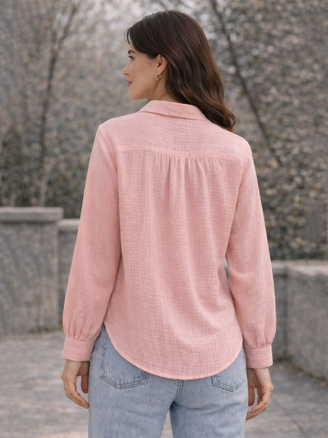 Women’s Crinkle Muslin Shirt | Lightweight Button-Down Casual Lite Pink Shirt with Collar & Full Sleeves
