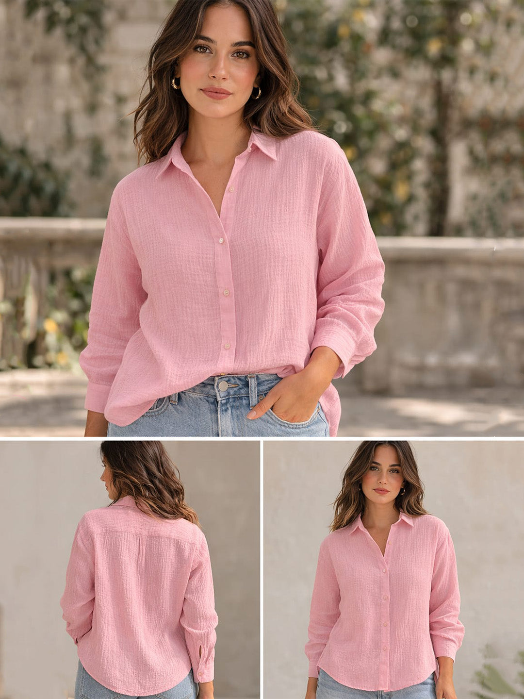 Women’s Crinkle Muslin Shirt | Lightweight Button-Down Casual Lite Pink Shirt with Collar & Full Sleeves