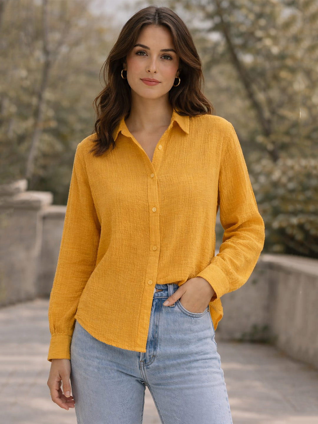 Women’s Crinkle Muslin Shirt | Lightweight Button-Down Casual Yellow Shirt with Collar & Full Sleeves